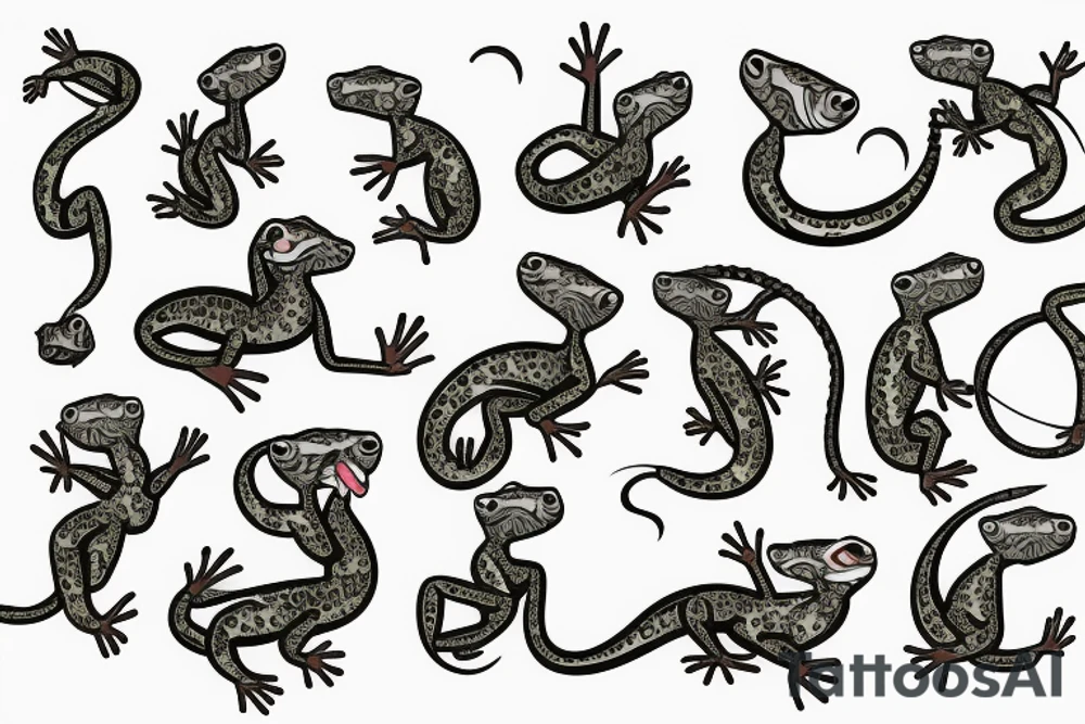 Gecko and Boston terrier dancing together near a waterfall tattoo idea