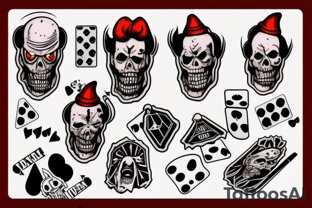 dice, dead mans hand,creepy evil clown smoking a joint tattoo idea