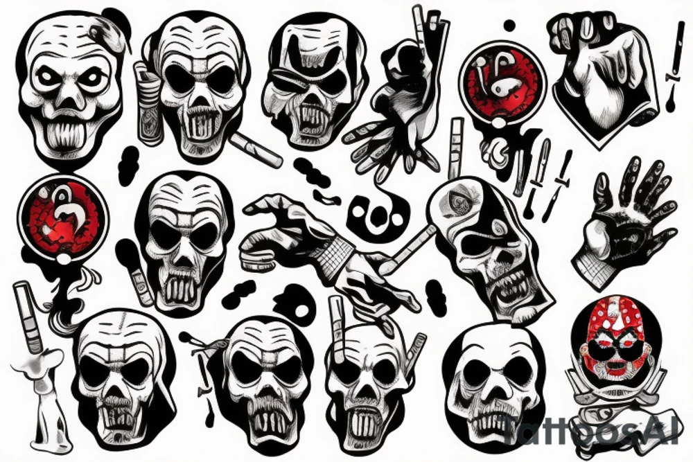 dice, dead mans hand,creepy evil clown smoking a joint tattoo idea