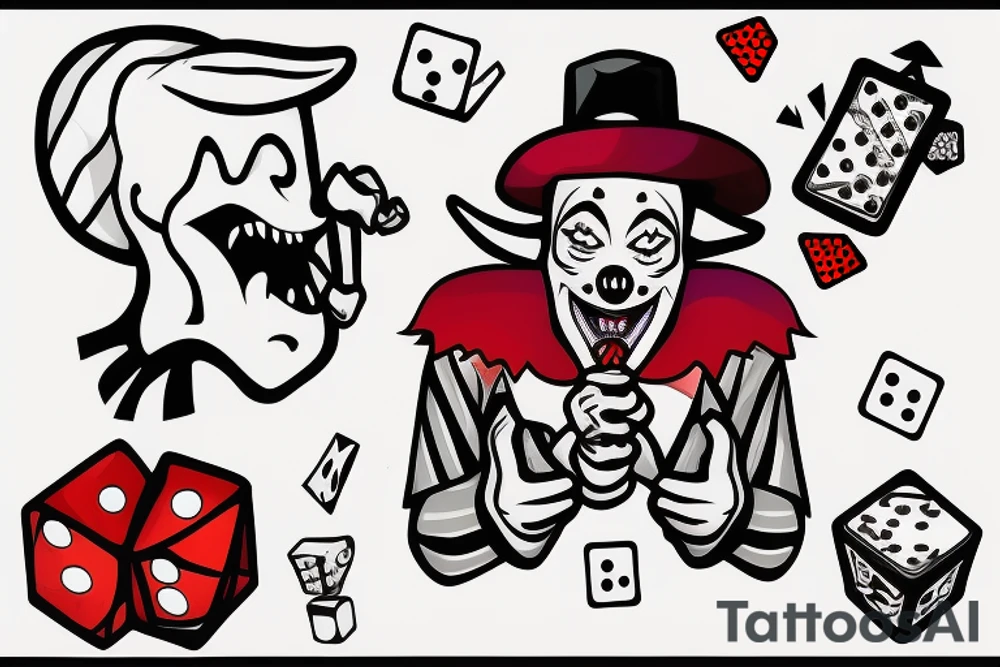 creepy evil clown smoking a joint throwing dice with aces and 8s tattoo idea
