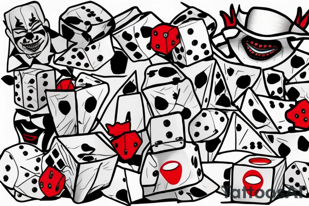 creepy evil clown smoking a joint throwing dice with aces and 8s tattoo idea