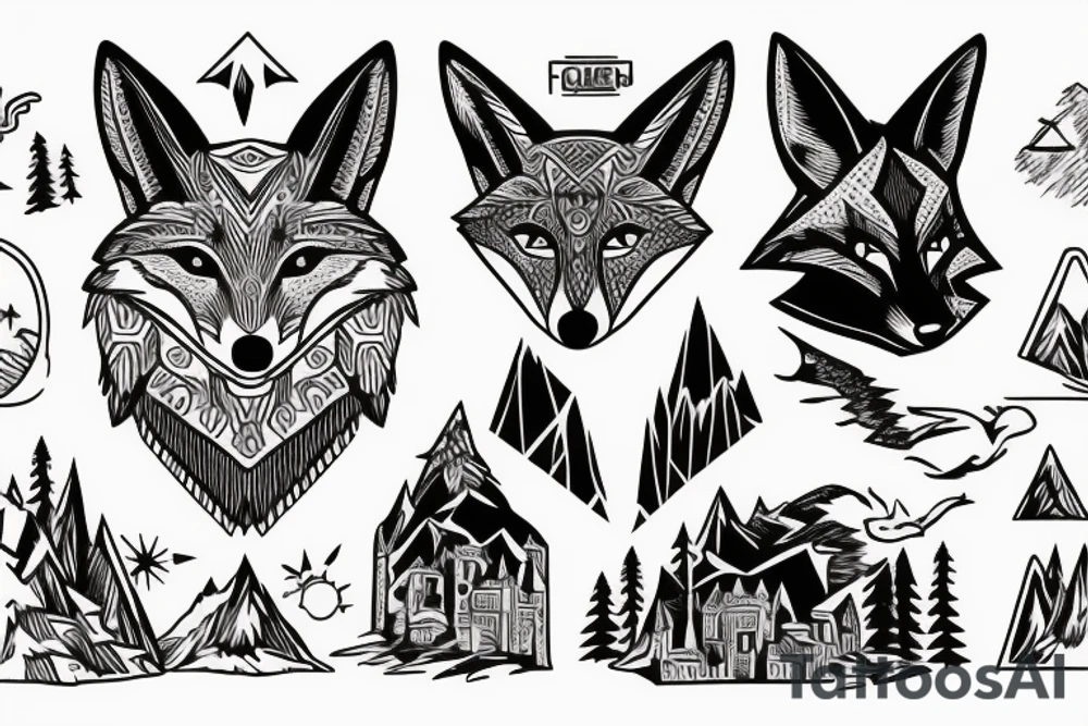 mountain in the shape of a fox with a dark castle in on top tattoo idea