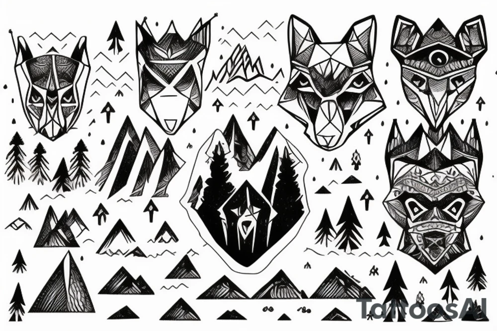 mountain in the shape of a fox with a dark castle in on top tattoo idea