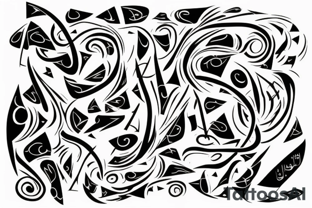 An abstract or symbolic representation of a battle scene, such as a series of swirling lines or shapes representing the chaos of battle, with your children's names written in Arabic incorporated into the design tattoo idea