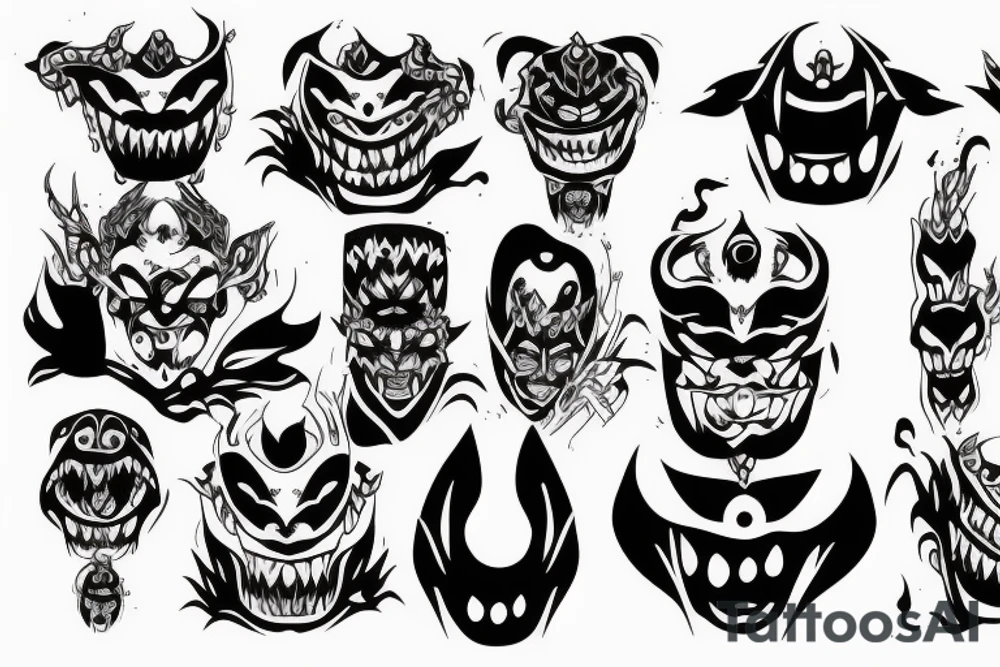 Oni faces dark lettering belly tattoo idea