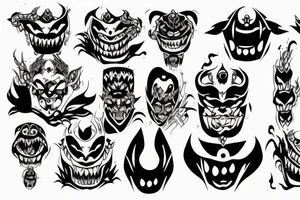 Oni faces dark lettering belly tattoo idea