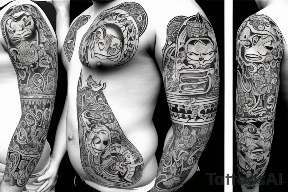 Oni faces dark lettering belly tattoo idea