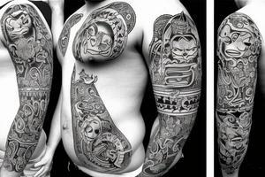 Oni faces dark lettering belly tattoo idea