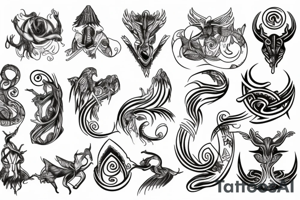 Naturalistic mythical symbols tattoo idea