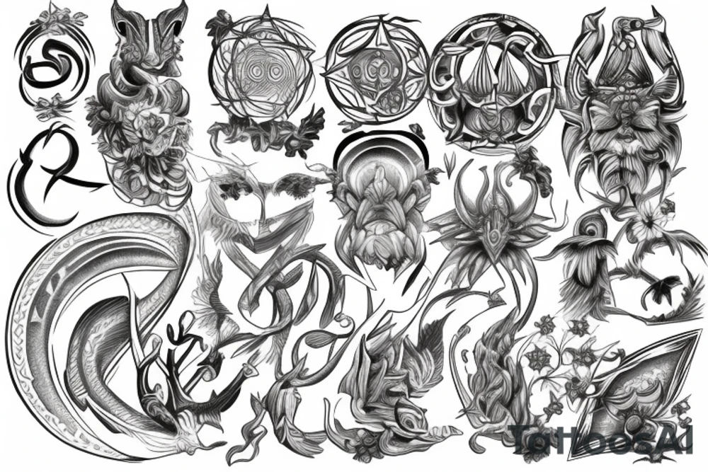 Naturalistic mythical symbols tattoo idea