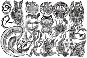 Naturalistic mythical symbols tattoo idea