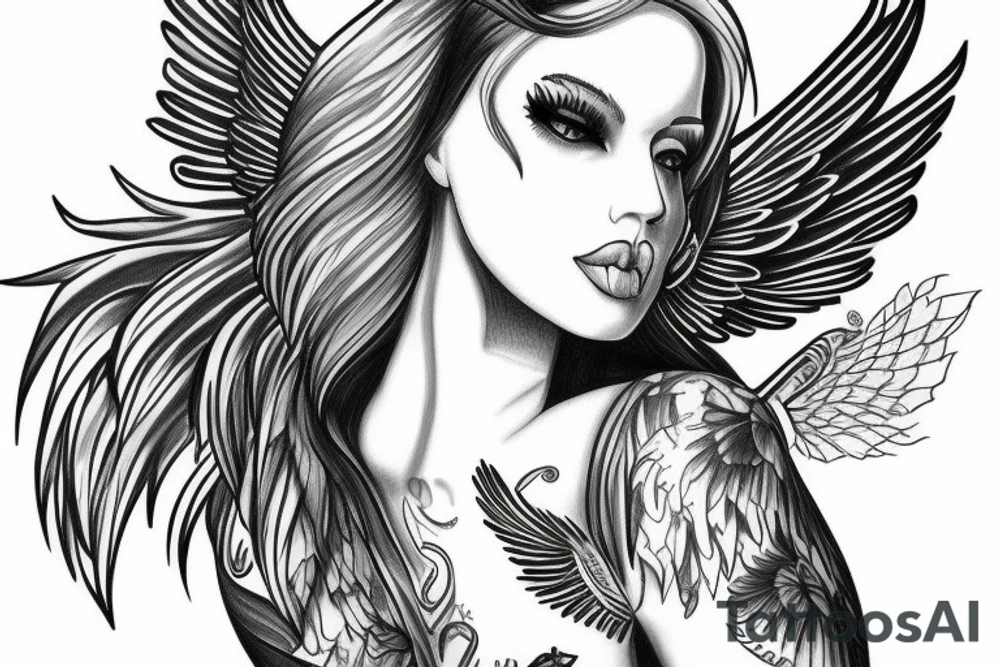 girl with wings on thigh tattoo idea