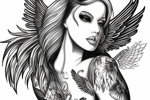 girl with wings on thigh tattoo idea