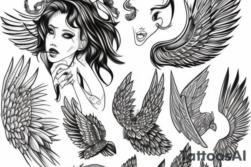 girl with wings on thigh tattoo idea