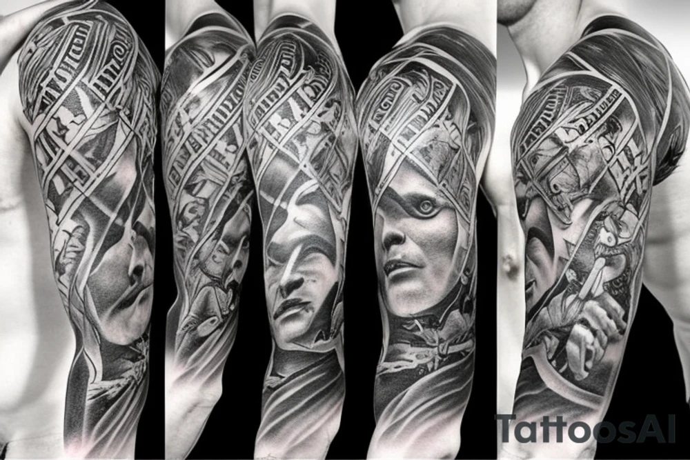 Sleeve with warriors fighting in Greece tattoo idea