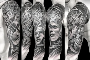 Sleeve with warriors fighting in Greece tattoo idea