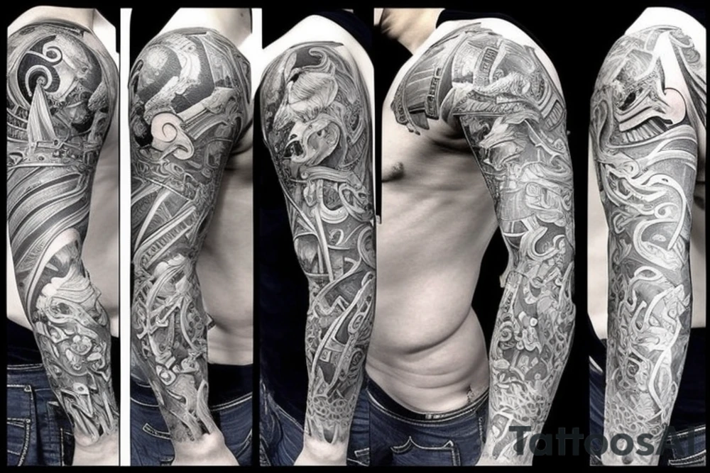 Sleeve with warriors fighting in Greece tattoo idea