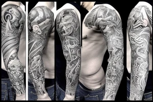 Sleeve with warriors fighting in Greece tattoo idea
