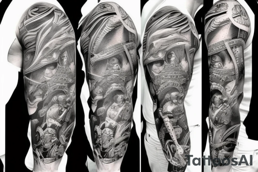 Sleeve with warriors fighting in Greece tattoo idea