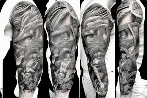 Sleeve with warriors fighting in Greece tattoo idea