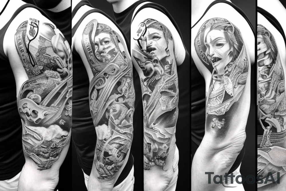Sleeve with warriors fighting in Greece tattoo idea