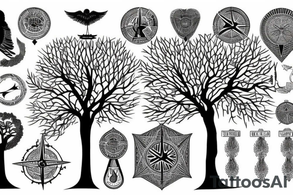 Tree with spreading roots, a compass and some egyptian style wings tattoo idea