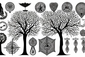 Tree with spreading roots, a compass and some egyptian style wings tattoo idea