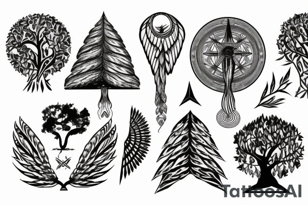 Tree with spreading roots, a compass and some egyptian style wings tattoo idea