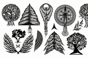Tree with spreading roots, a compass and some egyptian style wings tattoo idea