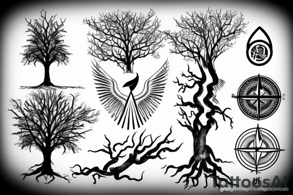 Tree with spreading roots, a compass and some egyptian style wings tattoo idea