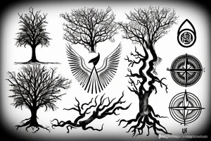 Tree with spreading roots, a compass and some egyptian style wings tattoo idea