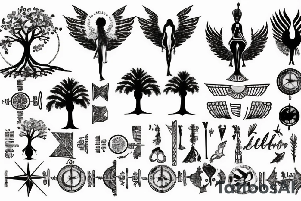 Tree with spreading roots, a compass and some egyptian style wings tattoo idea