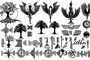 Tree with spreading roots, a compass and some egyptian style wings tattoo idea