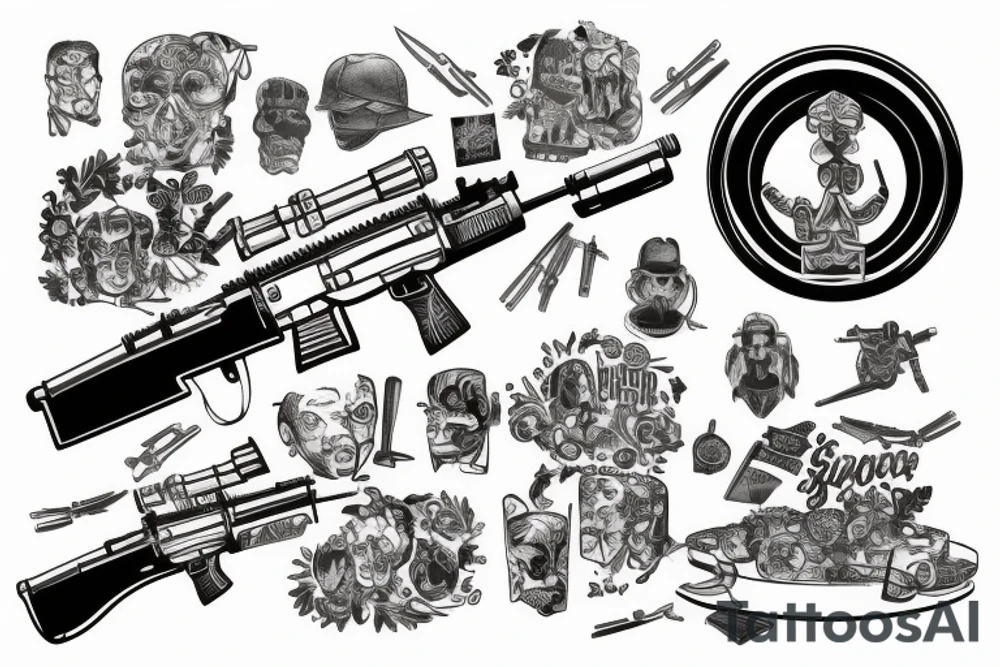 45 pound plate with a machine gun and knife tattoo idea