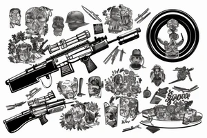 45 pound plate with a machine gun and knife tattoo idea