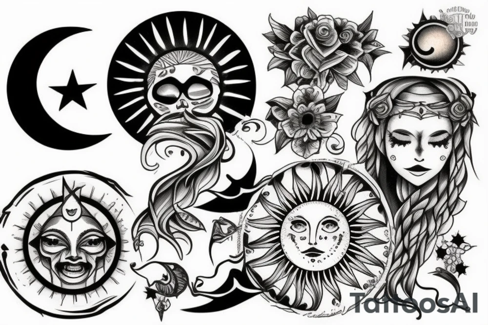 Sun with moon below it tattoo idea