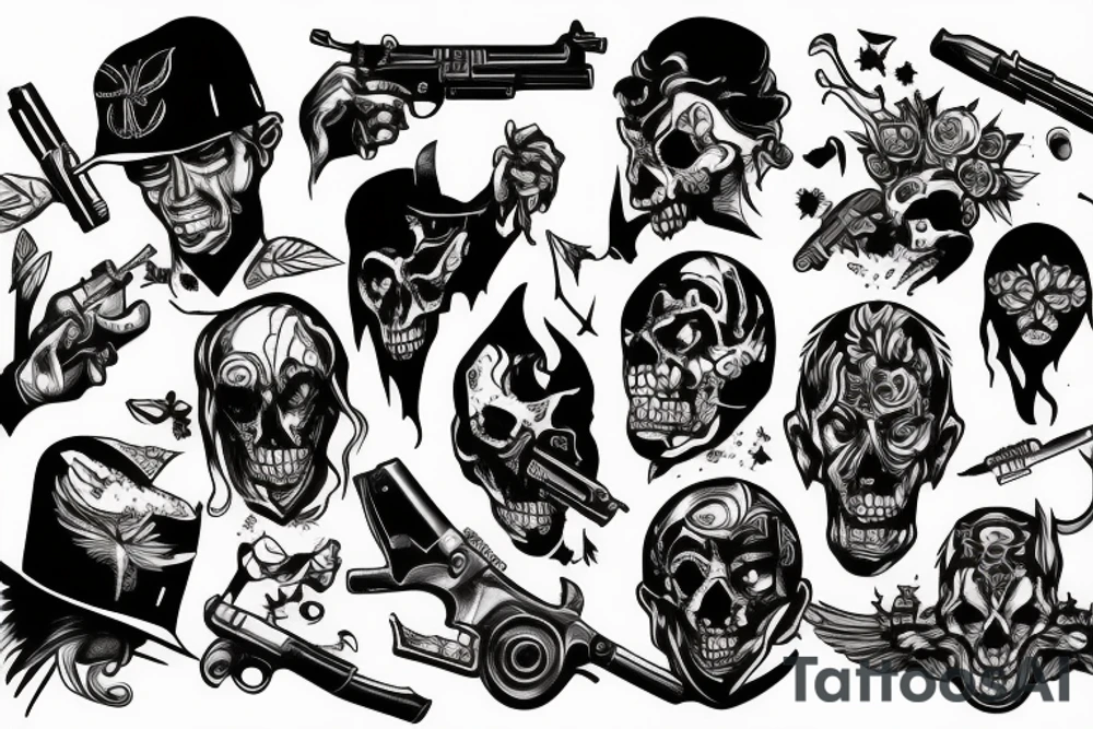 Devil criminal with gun and pain tattoo idea
