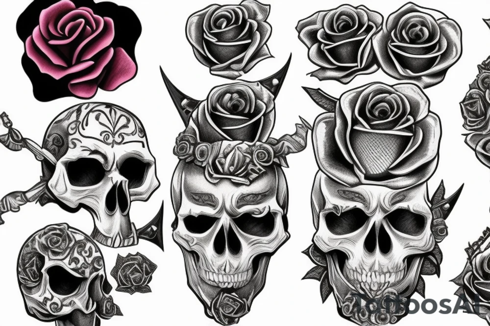 Skull with a jeweled dagger and rose tattoo idea