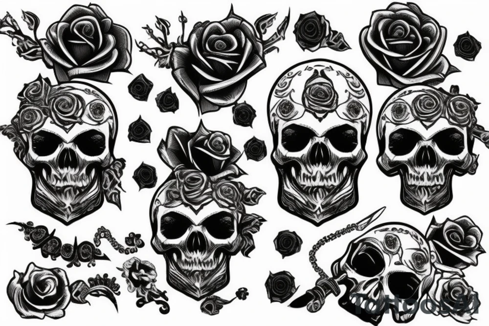 Skull with a jeweled dagger and rose tattoo idea