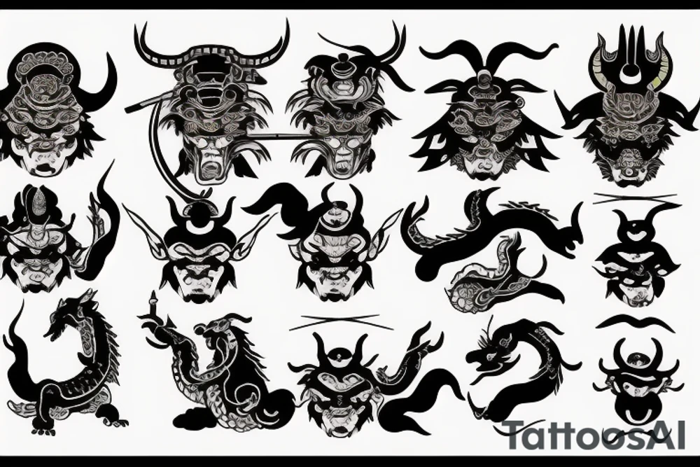 Japanese samurai zodiac aries with half dragon and devil face tattoo idea
