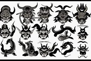 Japanese samurai zodiac aries with half dragon and devil face tattoo idea