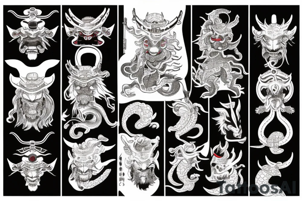Japanese samurai zodiac aries with half dragon and devil face tattoo idea