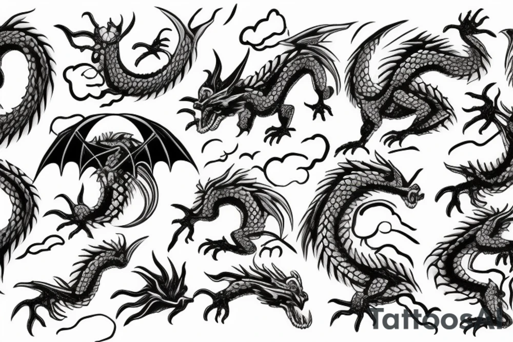 dragon with clouds and skulls tattoo idea