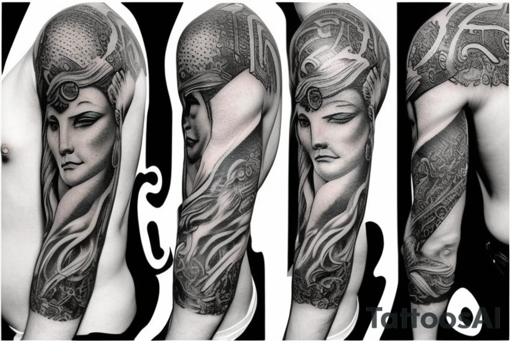 Half sleeve with a design of greek gods and jesus christ tattoo idea