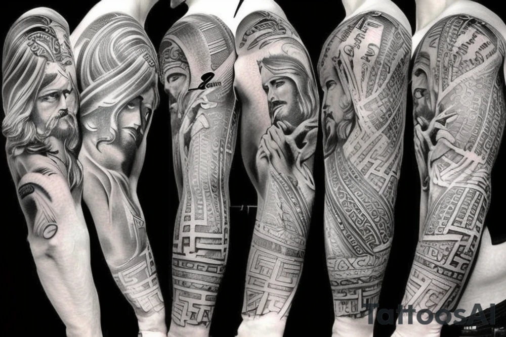 Half sleeve with a design of greek gods and jesus christ tattoo idea