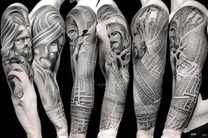 Half sleeve with a design of greek gods and jesus christ tattoo idea