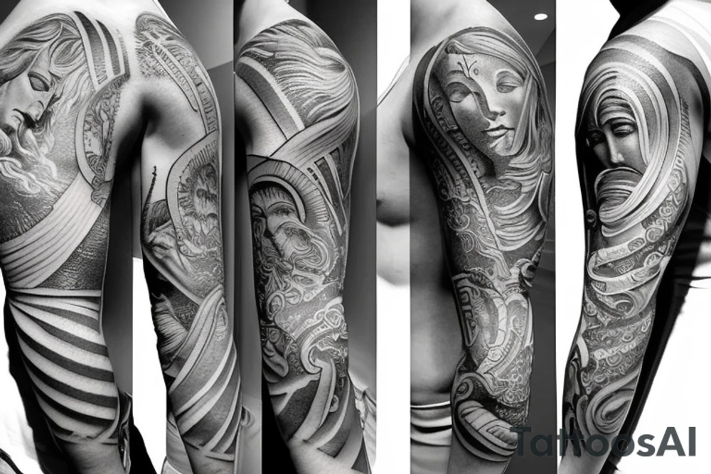 Half sleeve with a design of greek gods
and jesus tattoo idea