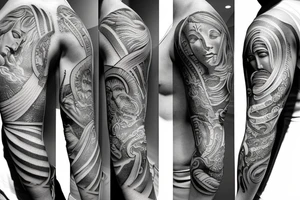 Half sleeve with a design of greek gods 
and jesus tattoo idea