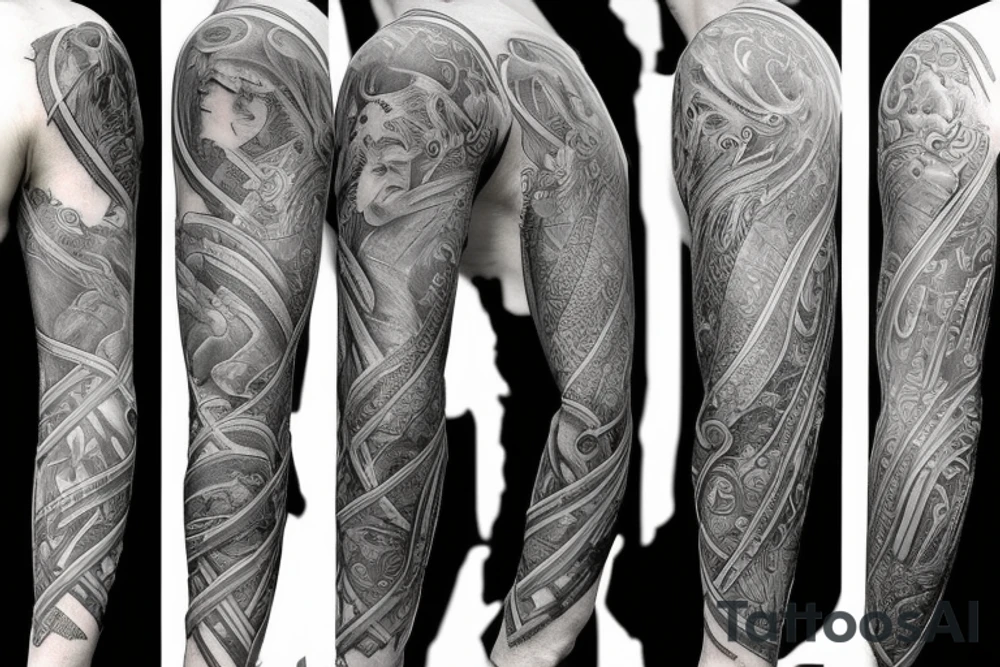 Half sleeve with a design of greek gods
and jesus tattoo idea