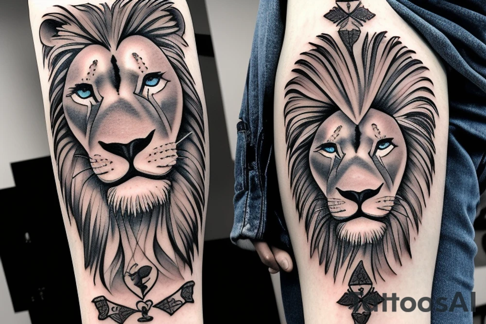 lion with a blue eyes and a Rome number III tattoo idea